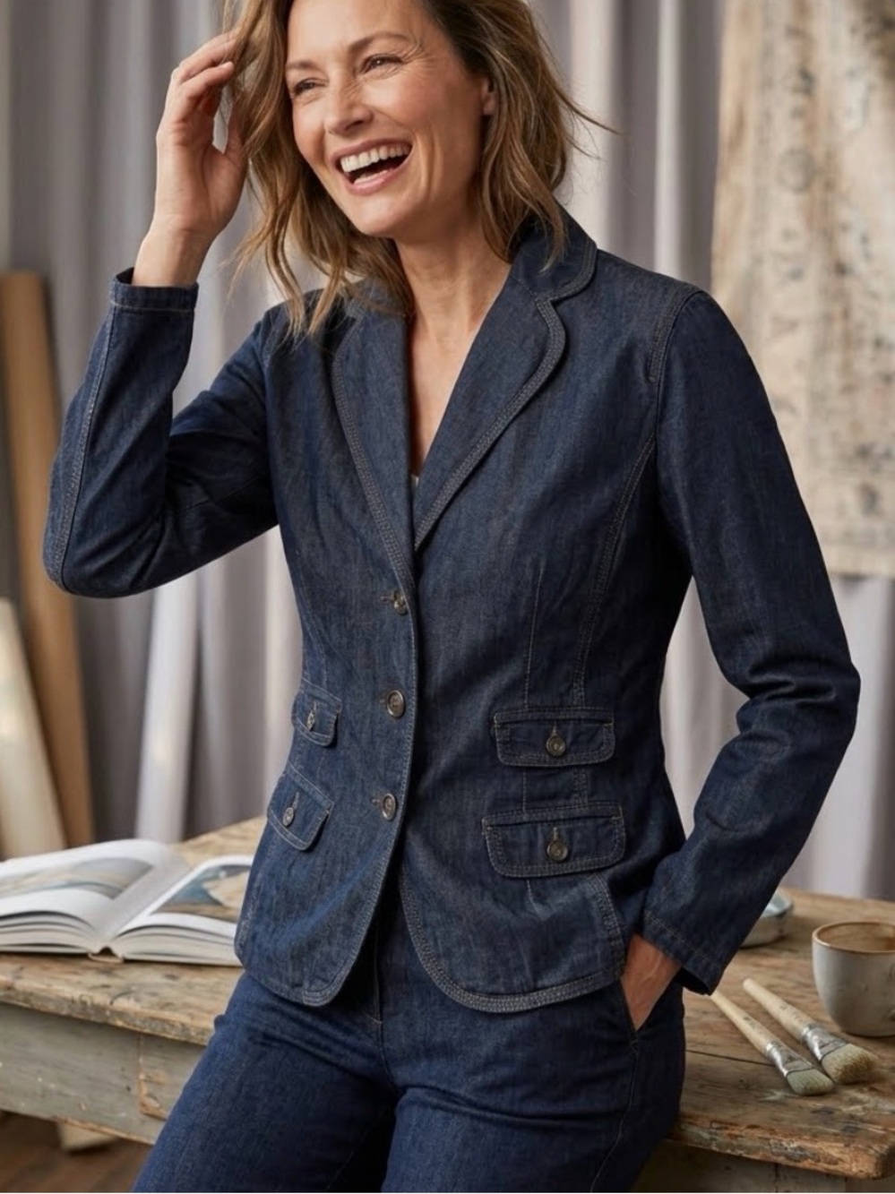 Ladies French Cuff Indigo Denim Blazer Jacket. Stretch size L  flattering 1138